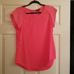 Neon pink polyester short sleeve blouse